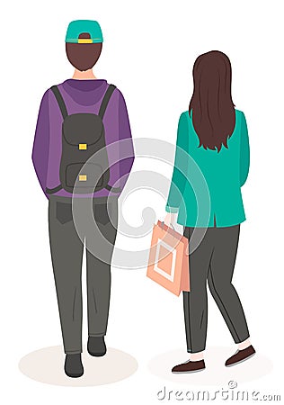 Man in casual clothes going with a backpack on the back, woman holding paper bag goes shopping Vector Illustration