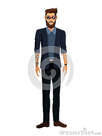 Man casual fashion jacket tattoo bearded glasses Vector Illustration