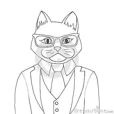 Man cat coloring book illustration. Catman dressed in a suit. Vector Illustration