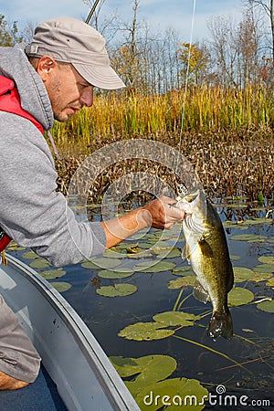 Man Fishing Holding Largemouth Bass Stock Photo