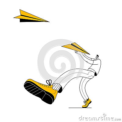 Man catches paper airplane. Vector Illustration