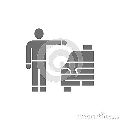 Man catching taxi cab, hitchhiking gray icon. Vector Illustration