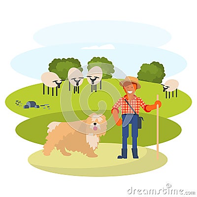 Man cattleman with Shepherd dog Vector Illustration