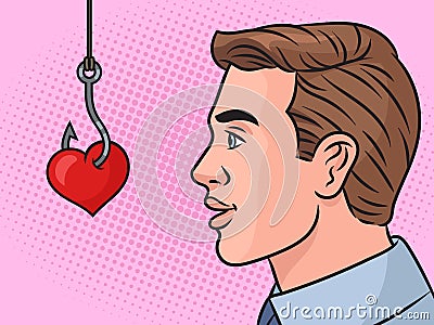 Man is caught on heart bait raster hand drawn Cartoon Illustration