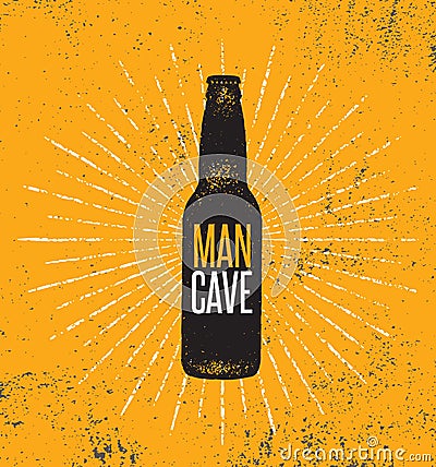 Man Cave Rules With Beer Bottle. Creative Poster Design Concept With Grunge Frame And Rough Distressed Texture. Vector Illustration