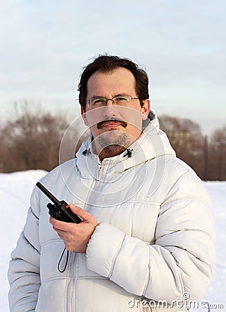 Man with cb radio Stock Photo