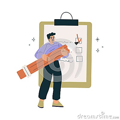 Man Character with Checkbox List as Productive Team Member Vector Illustration Stock Photo