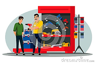 Man character choose drill at carpentry tools shop Vector Illustration