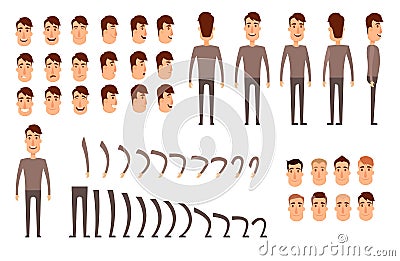 Man character creation set. Icons with different types of faces, emotions, clothes. Front, side, back view of male Vector Illustration