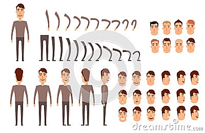 Man character creation set. Icons with different types of faces, emotions, clothes. Front, side, back view of male Vector Illustration