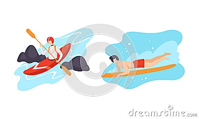 Man Character Engaged in Extreme Sport Kayaking and Surfboarding Vector Set Vector Illustration