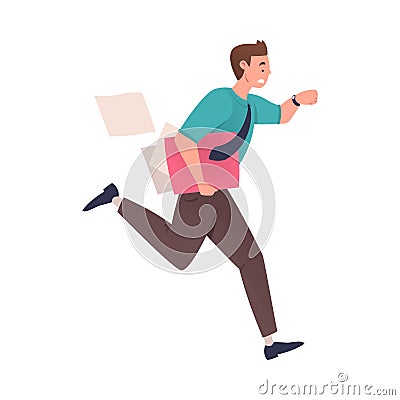 Man Character Hurrying Running Fast with Document Looking at Watch Feeling Panic of Being Late Vector Illustration Vector Illustration