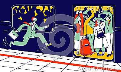 Man Character in Medical Mask Run in Subway Platform to Crowded Train in Rushtime Vector Illustration
