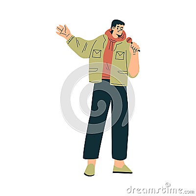Man Character with Microphone in Hands Singing Karaoke Vector Illustration Vector Illustration
