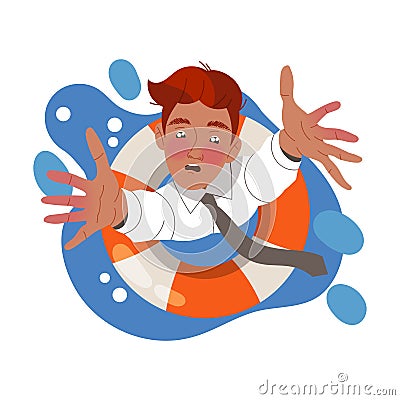 Man Character in Office Clothes and Lifebuoy Drowning Reaching Hands Trying to Escape Vector Illustration Vector Illustration