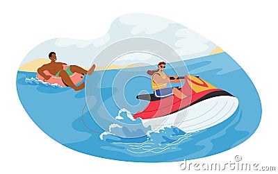 Man Character Riding Water Tube, Soaring Over Waves, Feeling Rush Of Wind And Spray. Balancing On The Tubing Vector Illustration