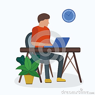 Man character sitting workplace table, male make job laptop computer freelance isolated on white, flat vector illustration. Vector Illustration