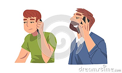 Man Character Speaking by Phone Having Dialogue via Mobile Gadget Vector Set Vector Illustration