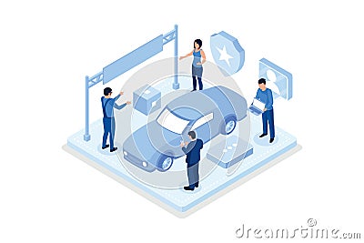 Man Character Standing near Damaged Auto and Calling to Car Insurance Service. Car Accident on the Road. Auto Collision Scene, Vector Illustration