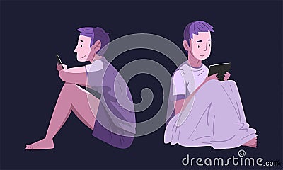 Man Character Using Digital Gadget at Night Sitting on Bed in the Dark Vector Set Vector Illustration