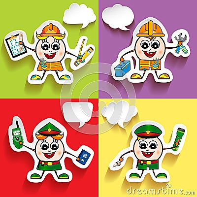 Man Character vector of different occupations with speech bubbles. Police, Policeman, Employee, Engineer. Vector Illustration