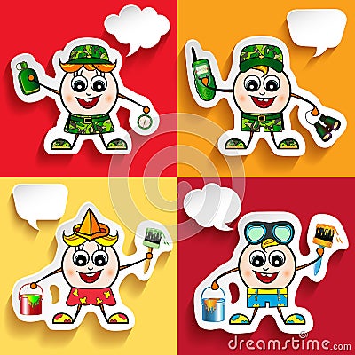 Man Character vector with speech bubbles.Set of different professions. Workman, Painter, Military, Soldier. Cartoon Illustration