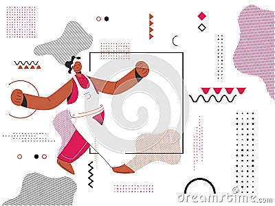 Man character walking with abstract elements decorated on white. Stock Photo