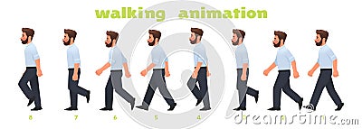 Man character walking animation. Businessman walks, a step by step cycle of pictures. Vector illustration Cartoon Illustration