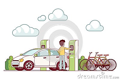 Man charging electric car at power station Vector Illustration