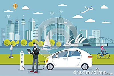 Man charging a electric car in Sydney Cartoon Illustration