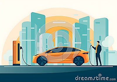 Man charging his EV city in the background Cartoon Illustration