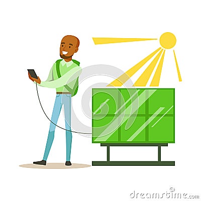 Man Charging His Smartphone From Solar Panel Battery , Contributing Into Environment Preservation By Using Eco-Friendly Vector Illustration