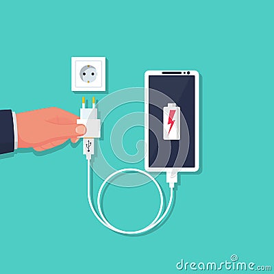 Man charging the phone. Low smartphone battery charge Vector Illustration