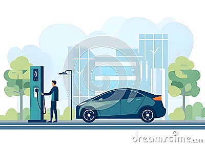 man at a charging station with his EVs Cartoon Illustration