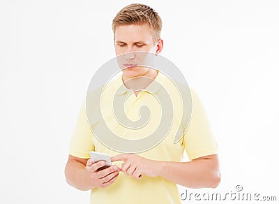 Man chating in his device on a white background Stock Photo