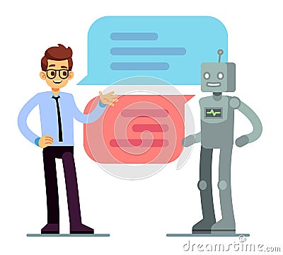 Man chatting and asking for help bot. Chatbot vector concept Vector Illustration