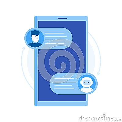 Man chatting on cellphone with chat bot robot. Chat messages chatbot notification on smartphone. Vector Illustration