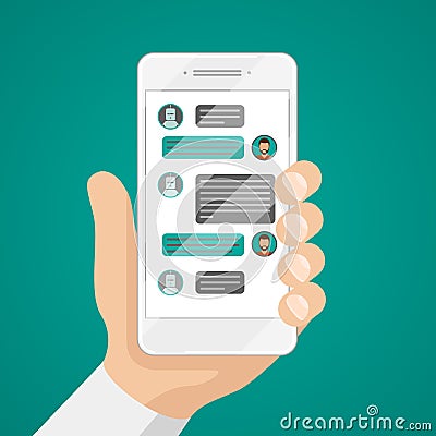 Man chatting with chat bot on smartphone vector illustration Vector Illustration