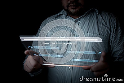 Man chatting with an intelligent artificial intelligence asks for the answers he wants. Digital chatbot Stock Photo