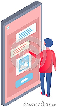 Man chatting messaging using chat app or social network on mobile phone. Modern communication Vector Illustration