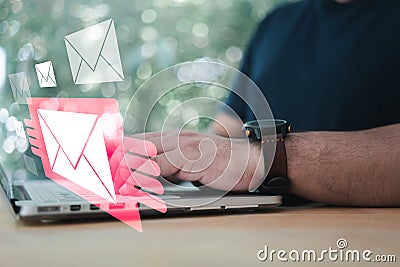 Man check mail every day. New email alert on laptop, communication connection message to global letters Stock Photo