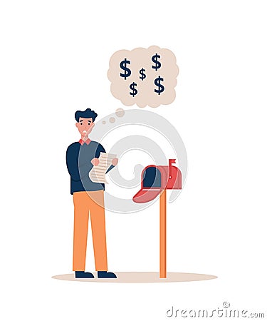 Man with a check for payment stands near a home mailbox Vector Illustration