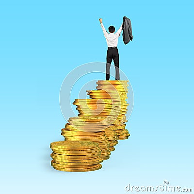 Man cheering on top of golden coins stacks Stock Photo