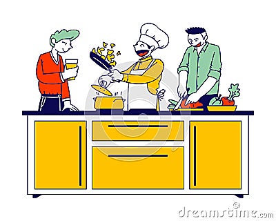 Man in Chef Toque and Apron Cook on Pan with Fire. Restaurant Staff Character, Social Media Blogger Broadcasting Vector Illustration