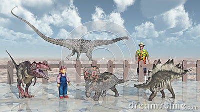 Man, child and dinosaurs in the petting zoo Cartoon Illustration