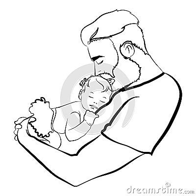 Man with a child. Logo of the young father with the baby in his hands. A black white illustration of a father hugging Vector Illustration