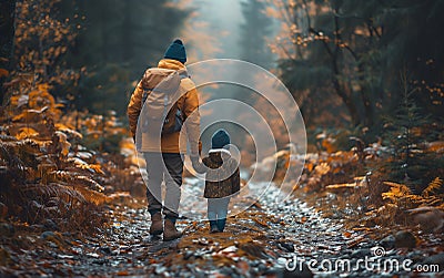 Man and child walking in woods. Generative AI Stock Photo