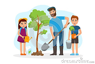 Man and children plant a tree and watering vector flat illustration with cheerful cartoon characters isolated on white Vector Illustration