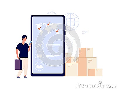 Man choose delivery. Online shipping service, different cargo transportation with plane, truck or ship. Flat boy Vector Illustration