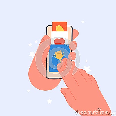 Man choose life priorities. Male hand hold smartphone and scroll cards with business success, money or love and romantic Vector Illustration